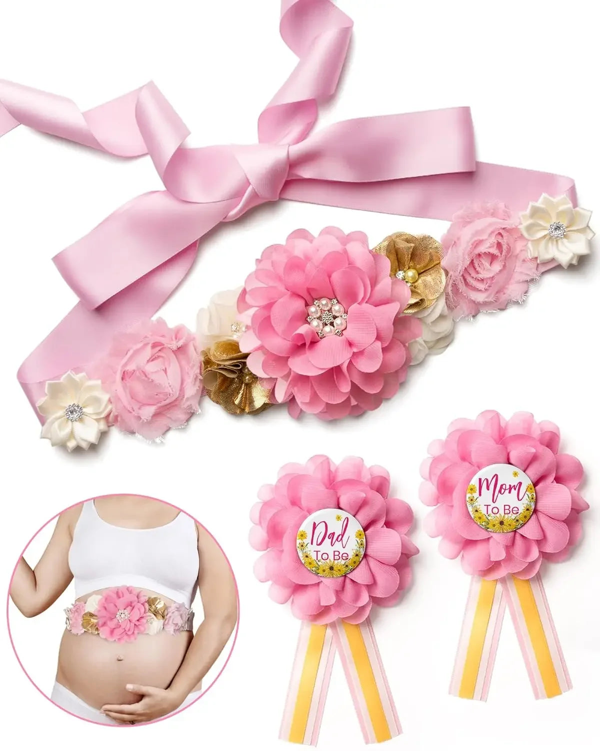 Pink floral maternity sash and corsage pin set with a bow for a baby shower