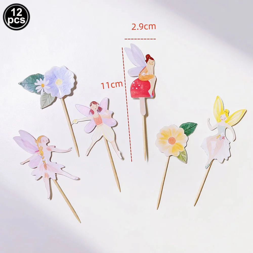 A set of twelve fairy cupcake toppers featuring various winged figures and flowers on wooden sticks.