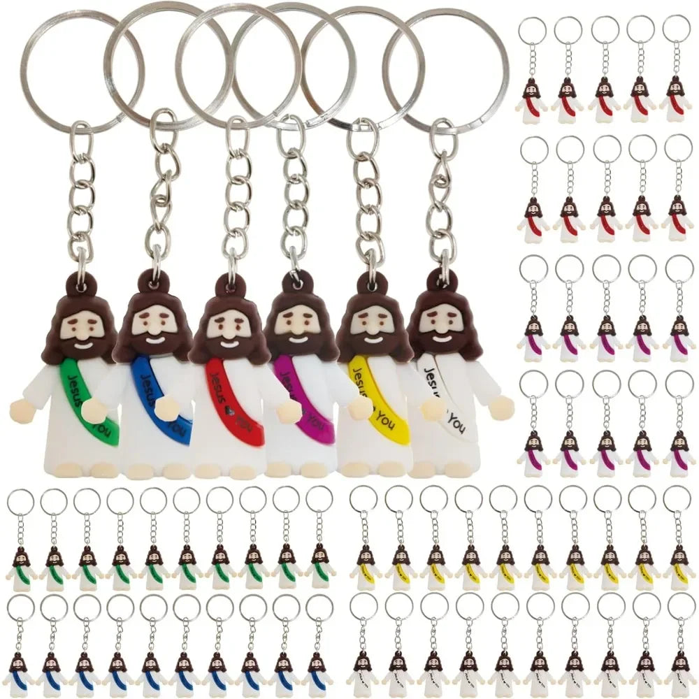 Ein Set aus sechs Mini-Edelstahl-Anhängern mit 'Jesus Loves You'-Designs in verschiedenen Farben.