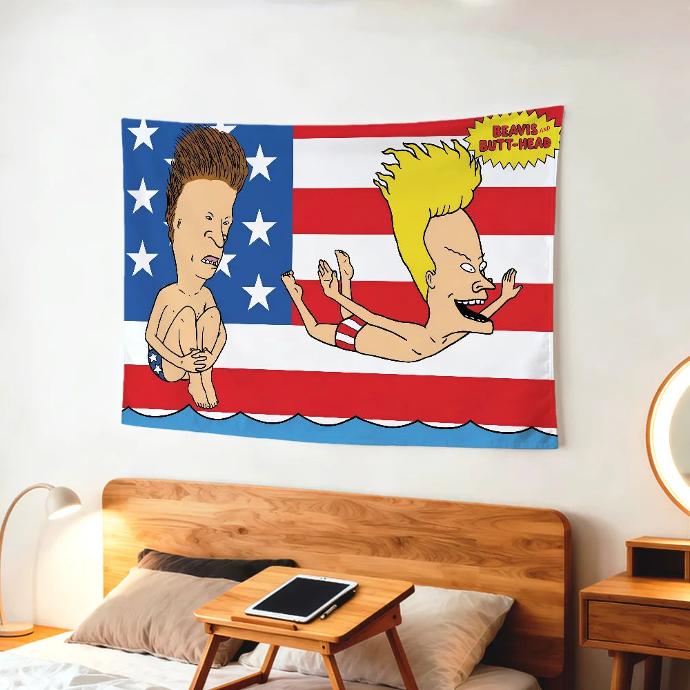 A colorful flag featuring Beavis and Butt-Head characters against an American flag background