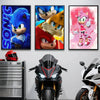 A display featuring three anime-style movie posters of Sonic the Hedgehog characters.