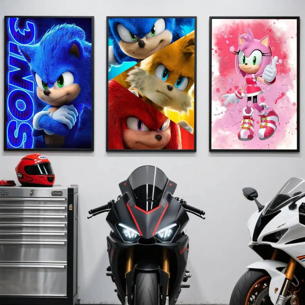 A display featuring three anime-style movie posters of Sonic the Hedgehog characters.