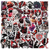 A collection of dark and gothic Halloween-themed stickers featuring skulls, bats, demons, and spooky faces.