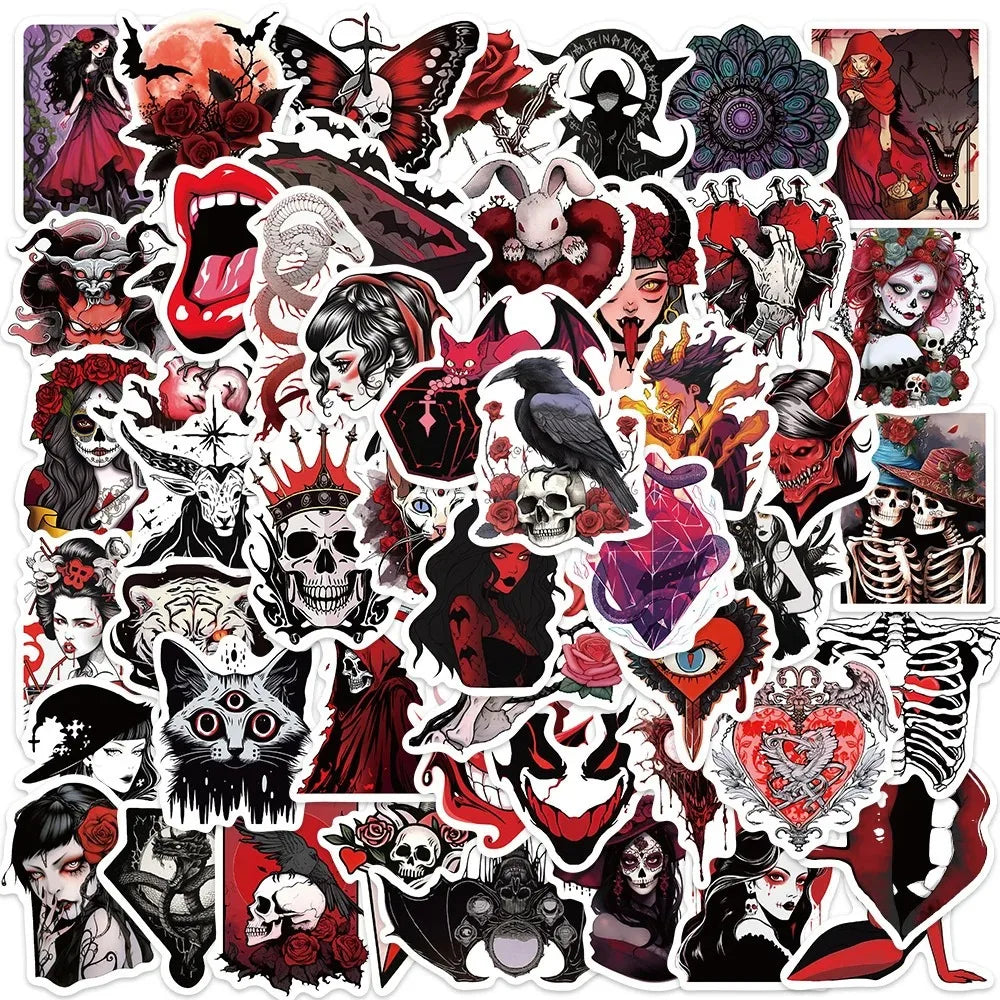 A collection of dark and gothic Halloween-themed stickers featuring skulls, bats, demons, and spooky faces.