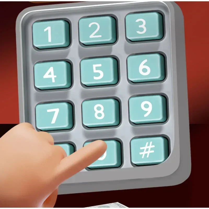 A hand presses a button on a gray interactive roll-up piggy bank keypad with numbered and symbol keys.