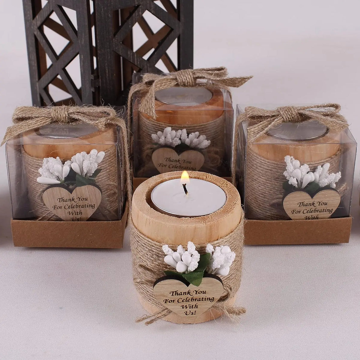 Wooden Tealight Candle Holders with Heart-Shaped Tags — Wedding & Baby Shower Favors