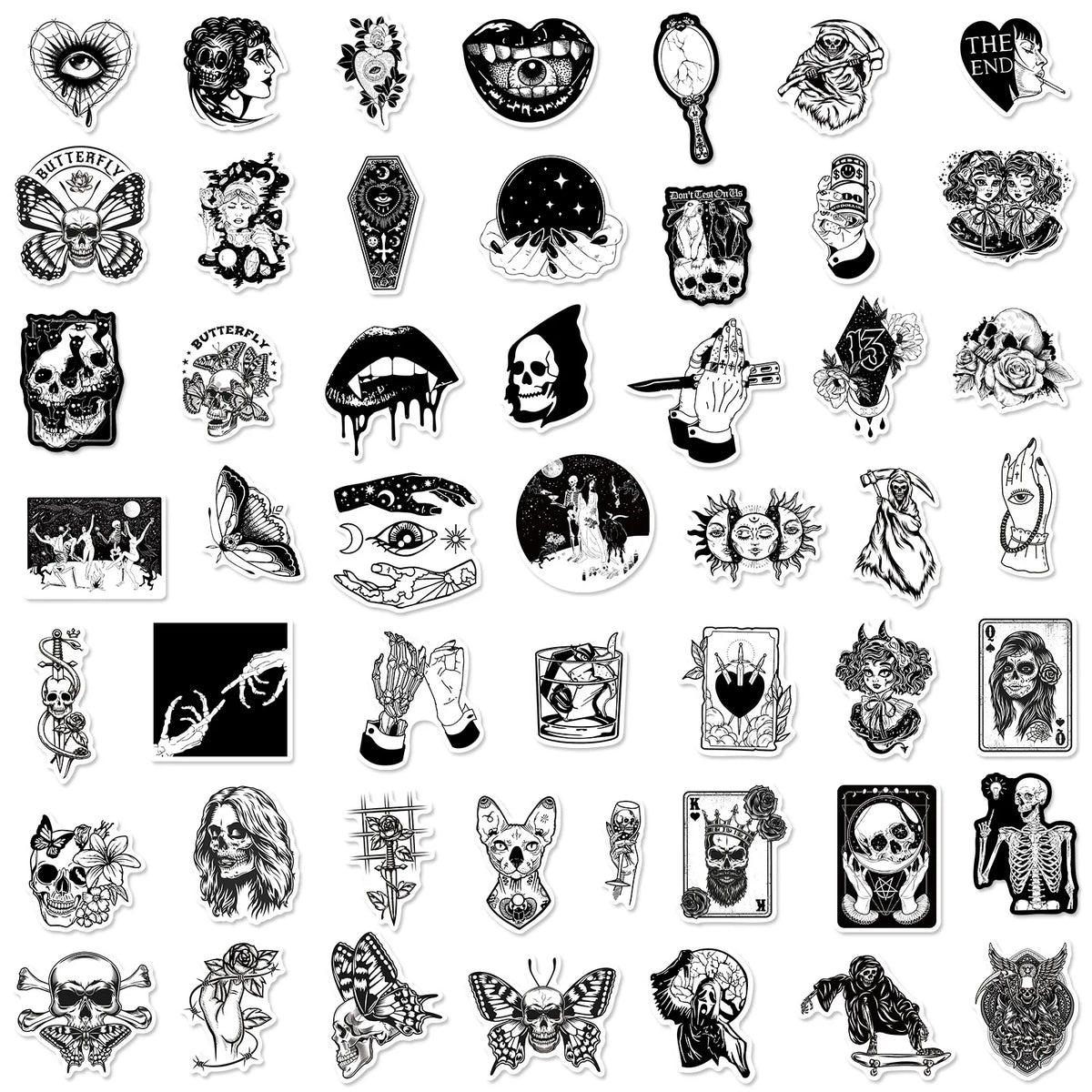 Collection d'autocollants vinyles crâne gothique noir et blanc avec diverses crânes, démons et images sombres.