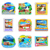 A collection of nine colorful wooden icons featuring various national parks and landscapes for fridge magnets.