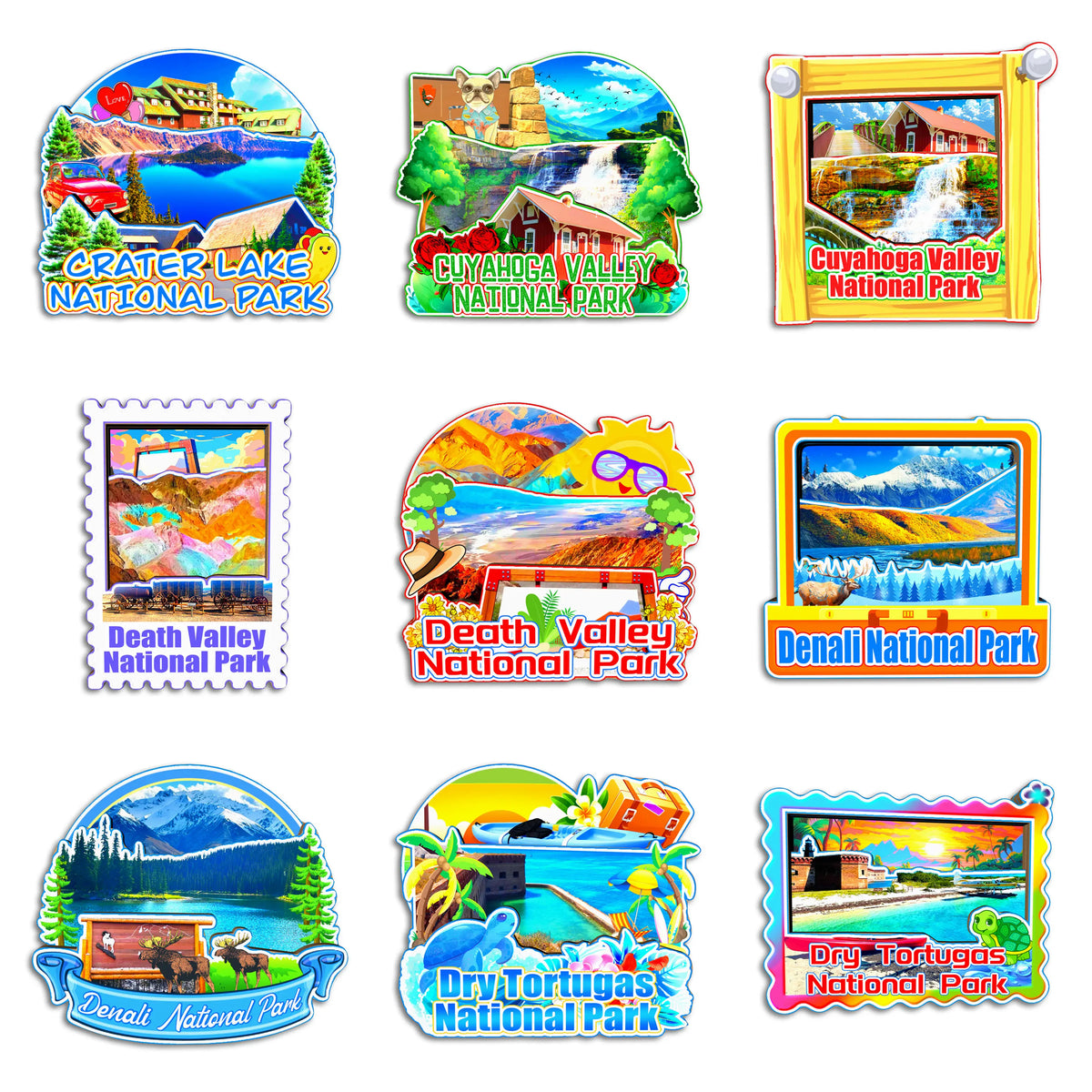 A collection of nine colorful wooden icons featuring various national parks and landscapes for fridge magnets.
