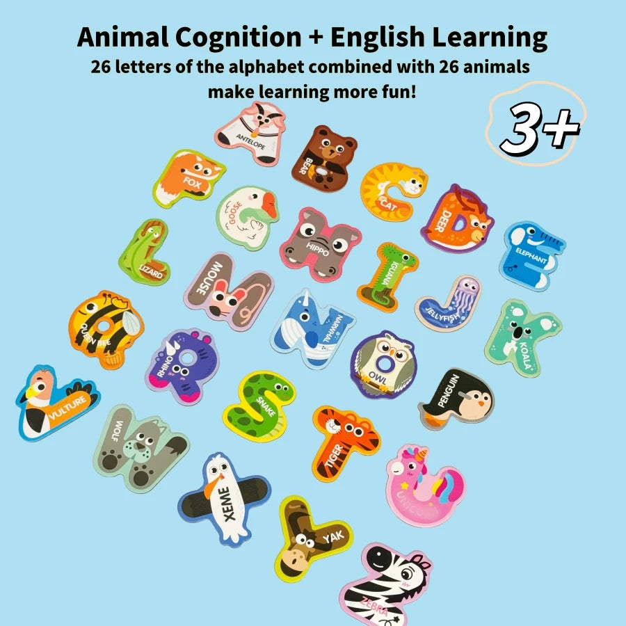 A colorful set of 26 magnetic letters combined with 26 animals for English learning
