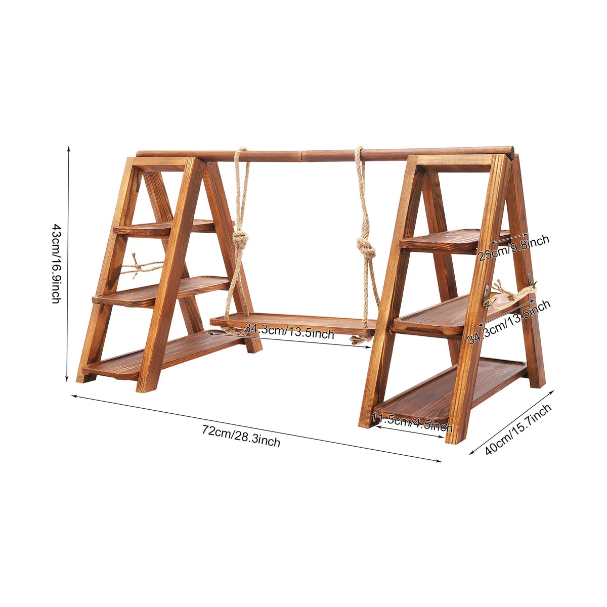 A wooden dessert display stand with three tiers suspended by ropes, featuring a rustic design.