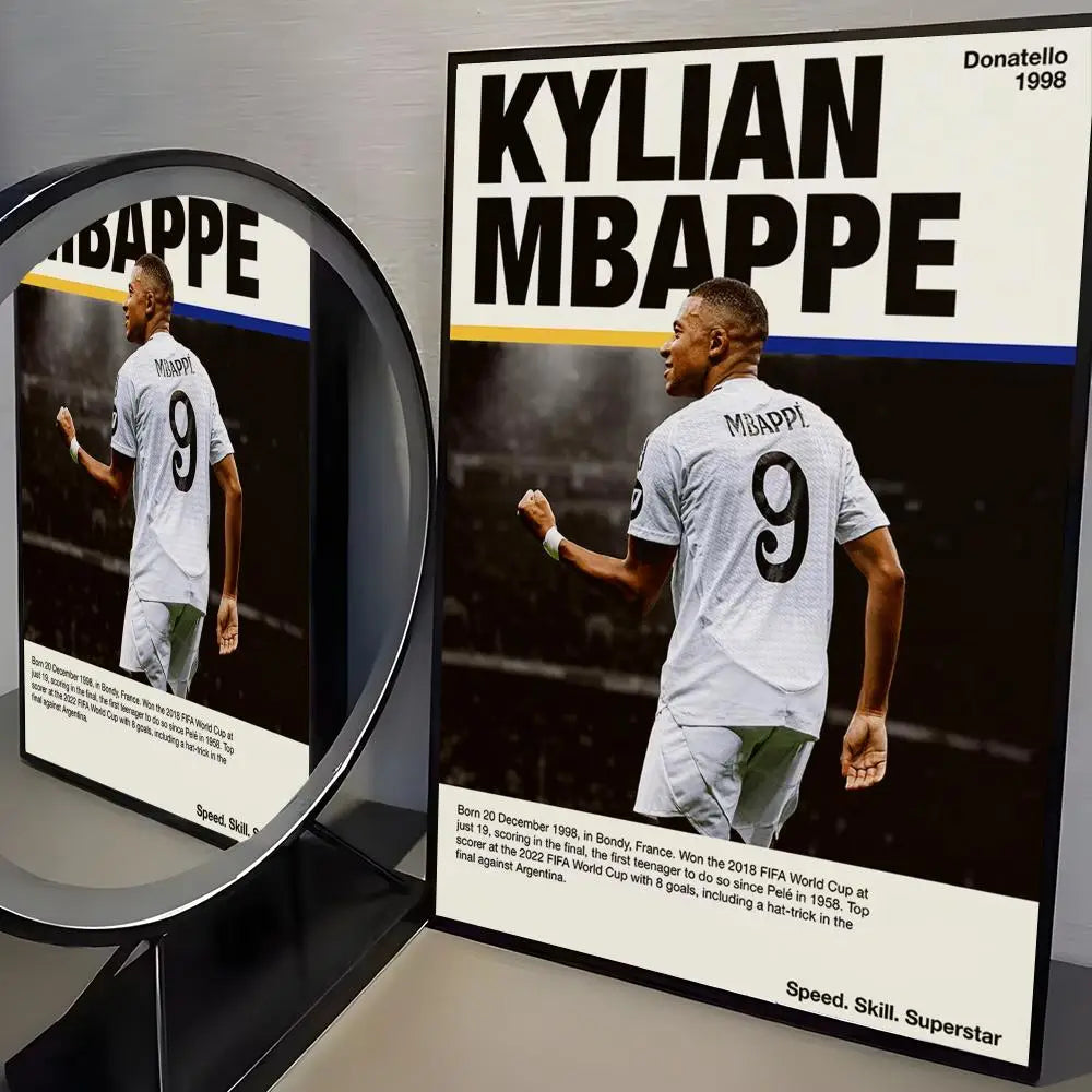 Poster featuring Kylian Mbappé in a white jersey with the number 9, titled Donatello 1998.
