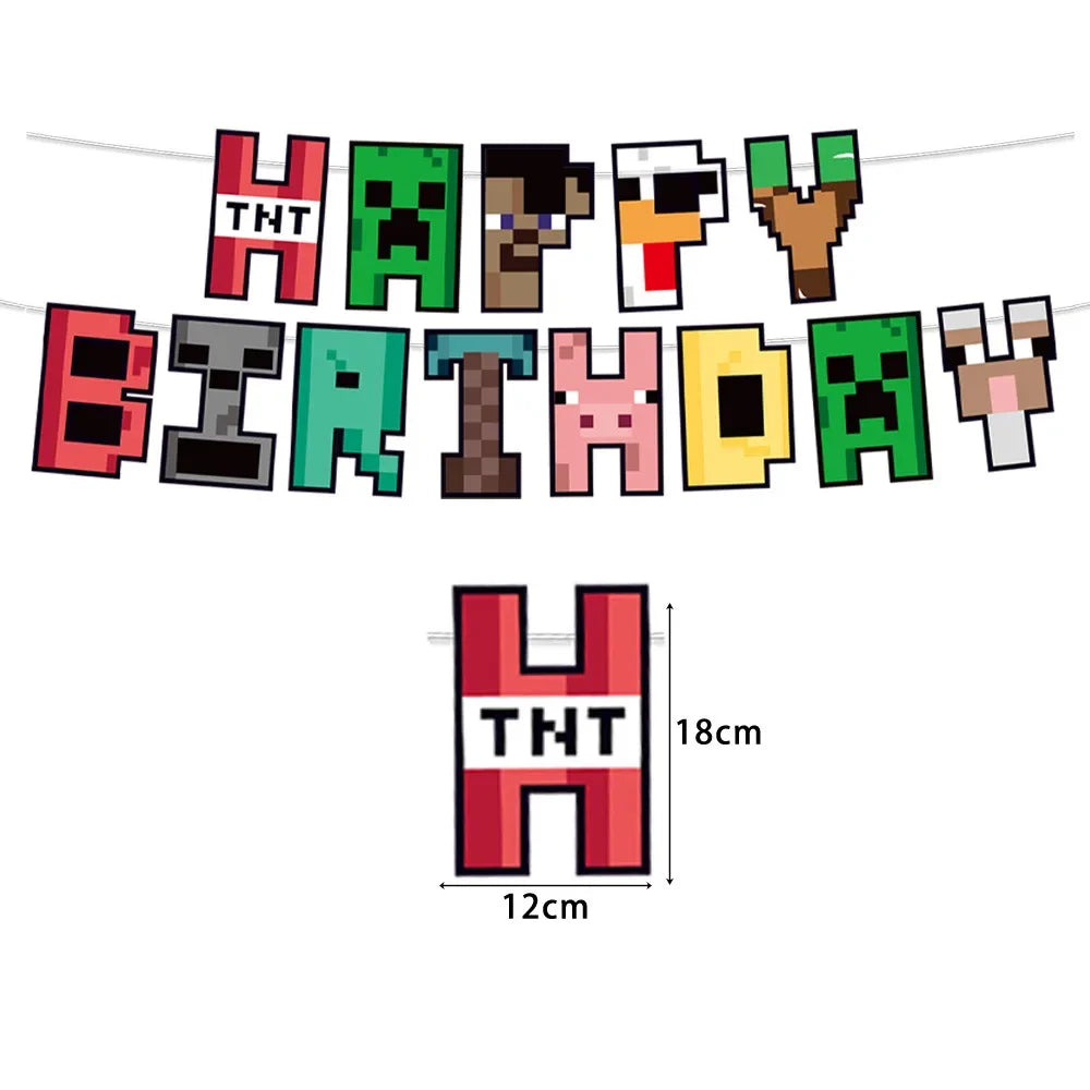A banner made of pixel art characters spelling out HAPPY BIRTHDAY