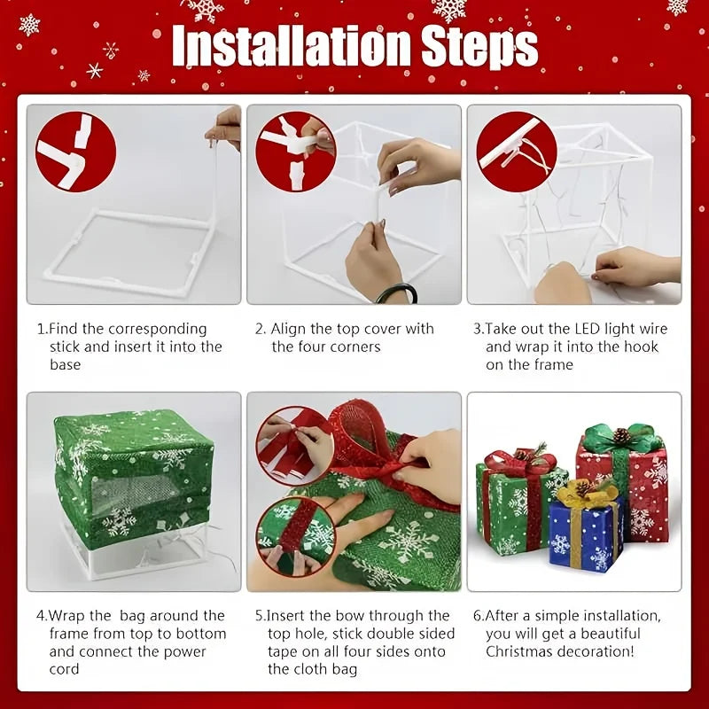 Installation steps for a set of three LED light-up Christmas gift boxes with various color modes.