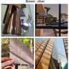 Brown-silver privacy window film shown in various applications including a close-up and architectural facade.