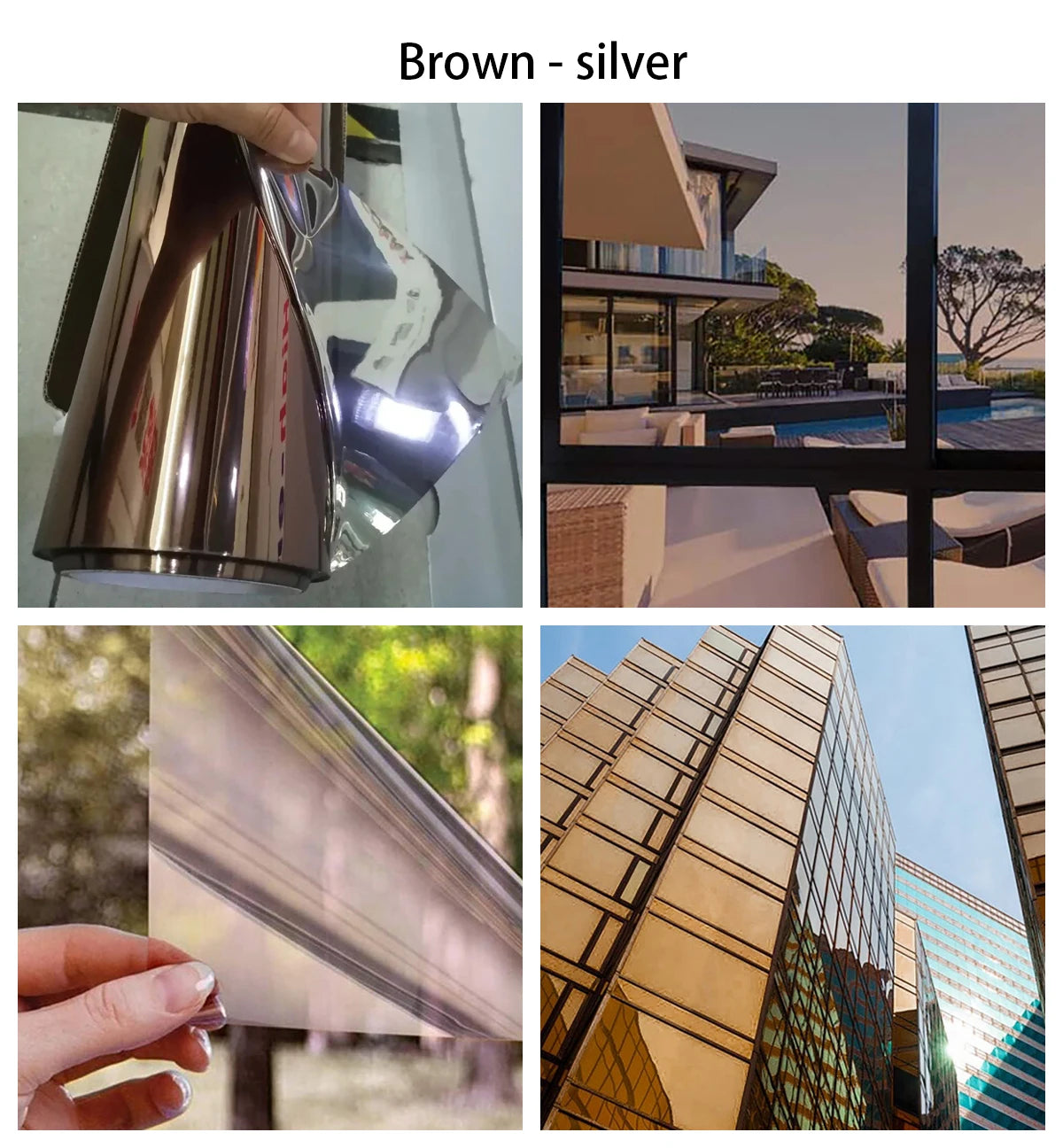 Brown-silver privacy window film shown in various applications including a close-up and architectural facade.