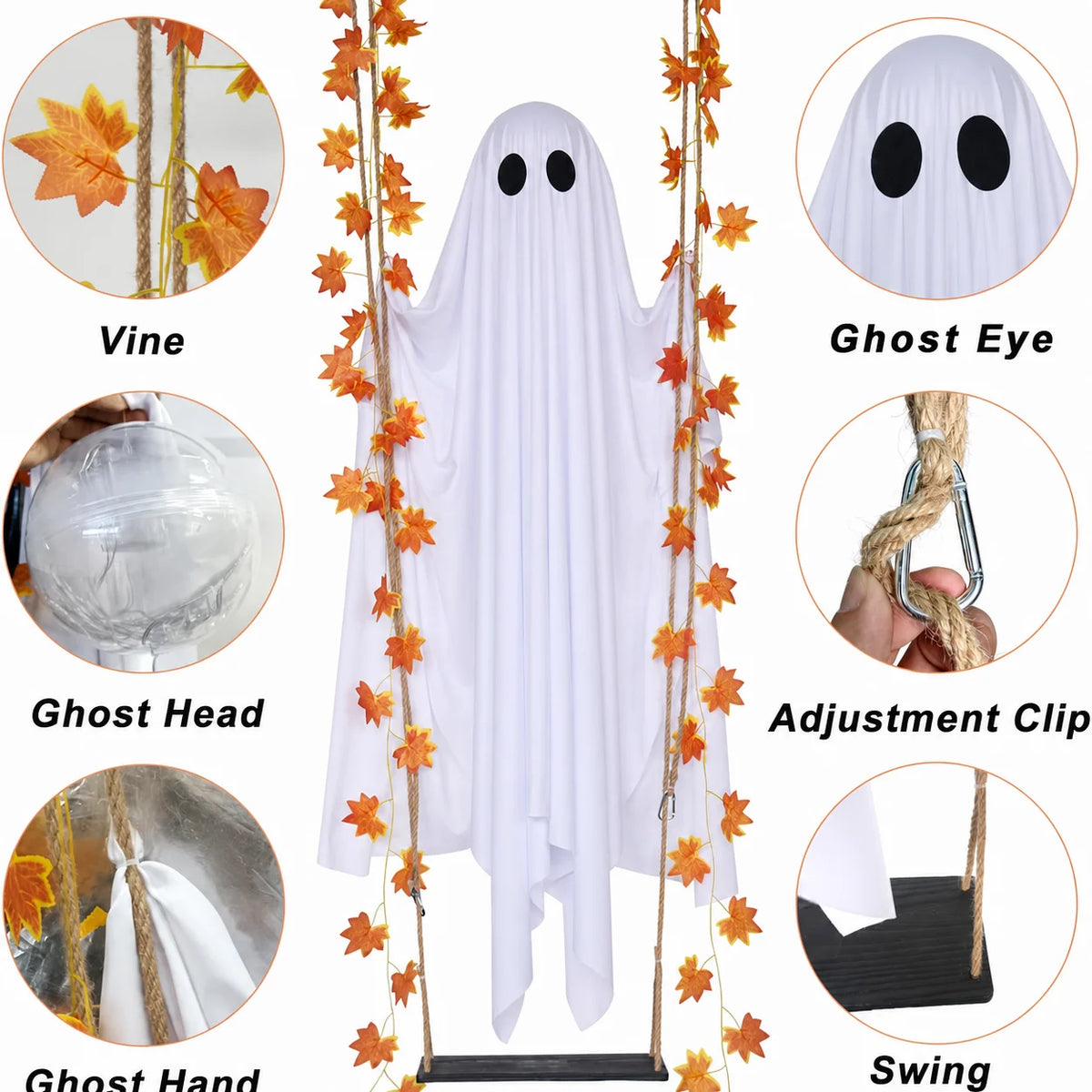 Una decoración fantasma de tela blanca con capucha y detalles de hoja, para Halloween o decoración espeluznante.