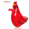 A red cartoon chicken foil balloon with a yellow beak and black feathers.