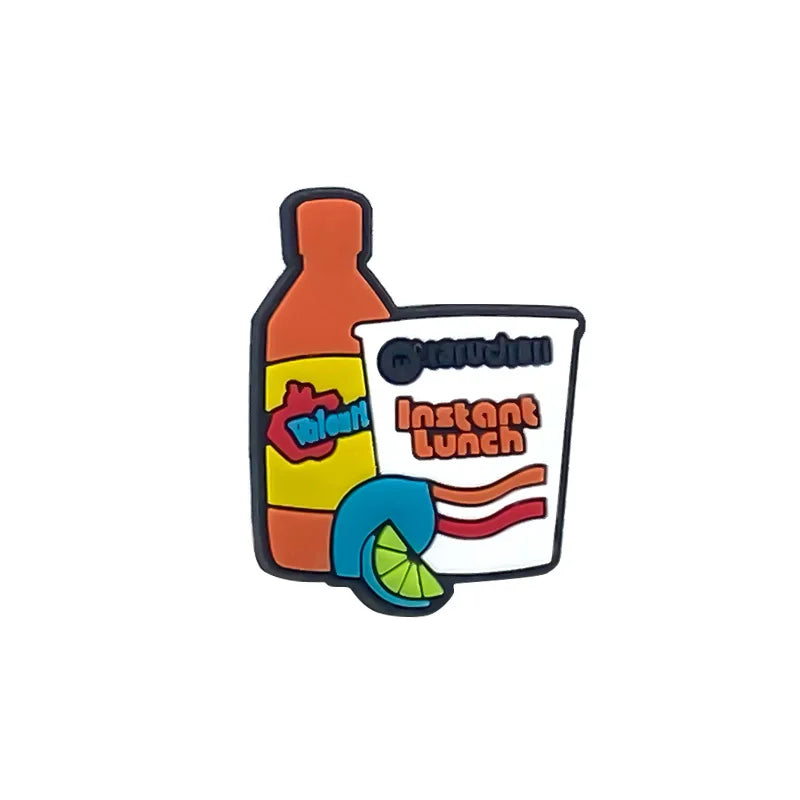 A colorful PVC shoe charm shaped like a bottle of instant lunch with a lime slice detail.