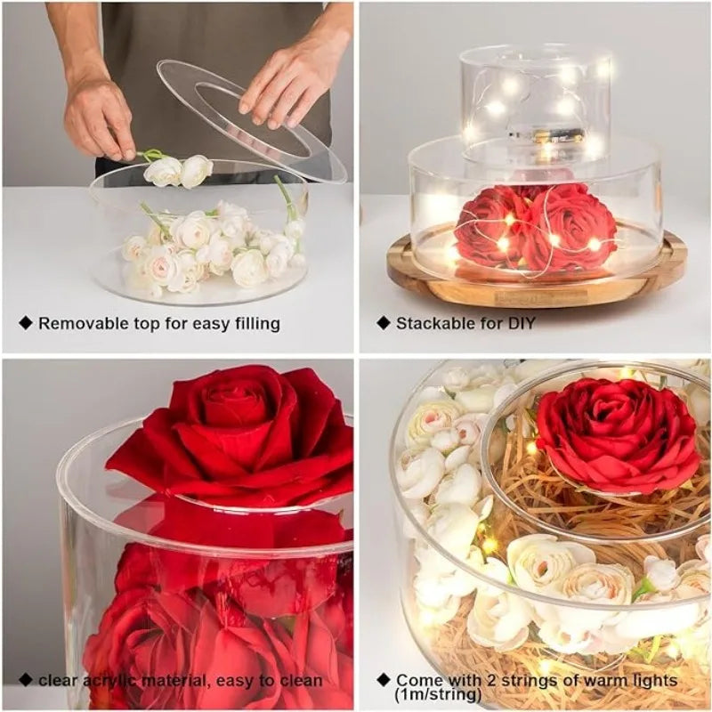 Clear acrylic cake stand display box with LED lights featuring red roses and white flowers.