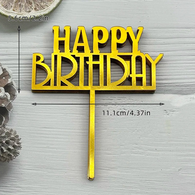 Gold wooden birthday sign with the words HAPPY BIRTHDAY mounted on a stick