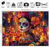 Oversize Day of the Dead sugar skull backdrop featuring a floral calavera design with vibrant colors and candlelight.