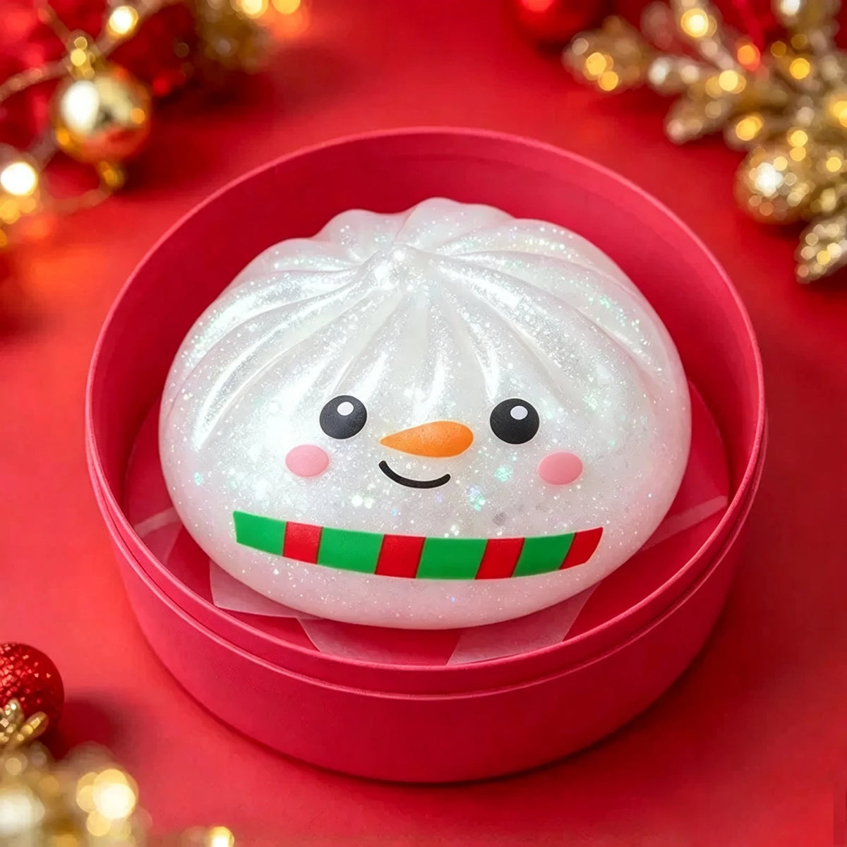 A white squishy stress reliever shaped like a snowman with pink cheeks and a green striped scarf, resting in a pink container