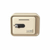 A beige password-protected piggy bank with a digital lock and a slot for coins.