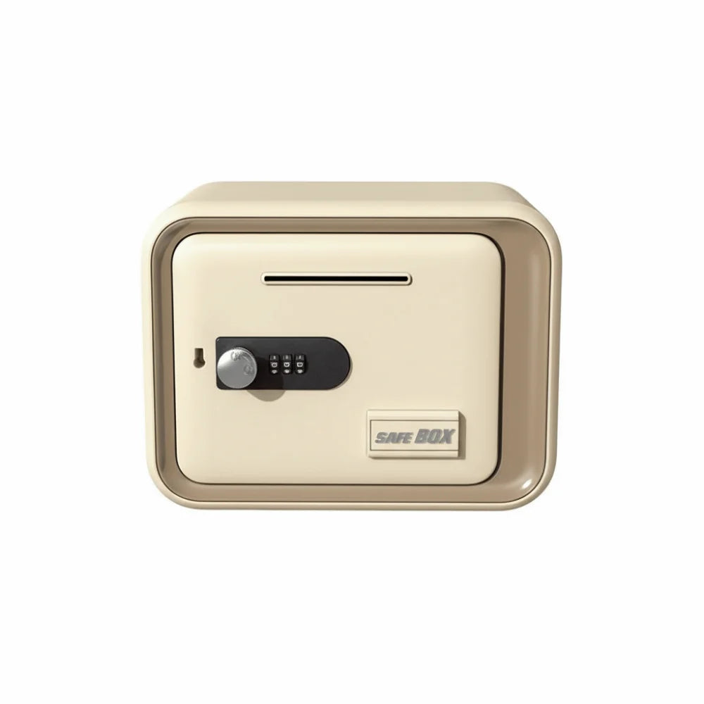A beige password-protected piggy bank with a digital lock and a slot for coins.