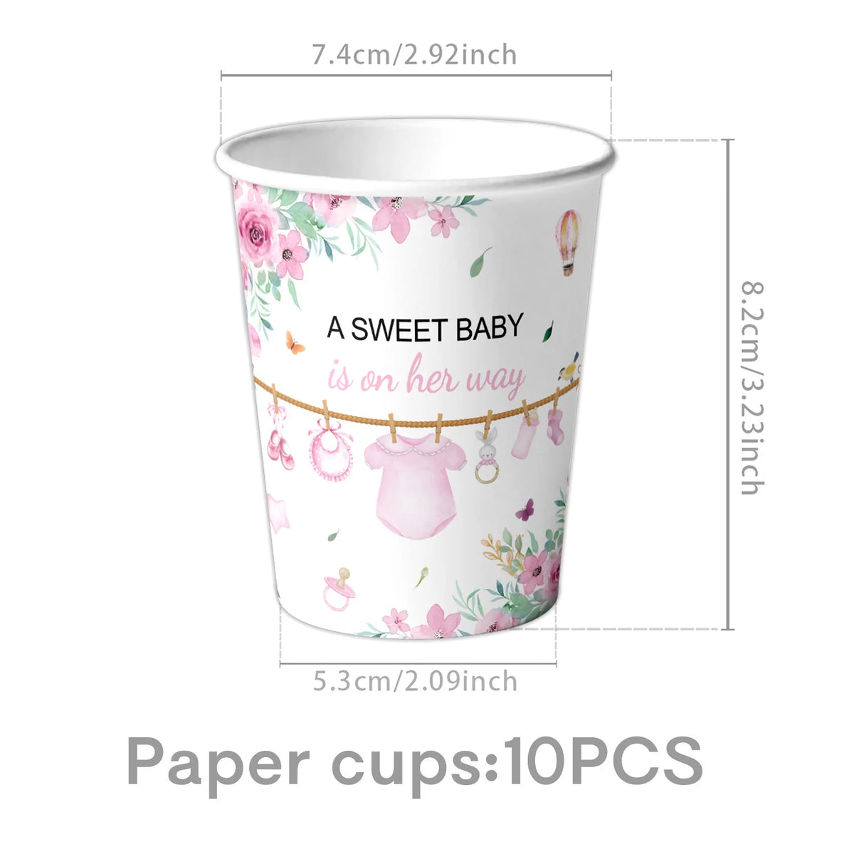 Paper cups with a sweet baby theme featuring pink flowers and a baby outfit for a shower