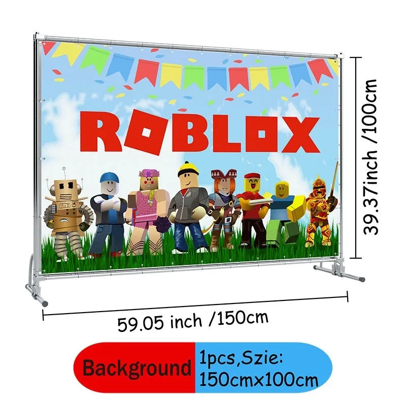 A banner featuring Roblox characters and the word ROBLOX, used as a background for party supplies.