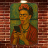 A portrait of a woman with red flowers in her hair sticking out her tongue, holding a smartphone, set against a brick backgro