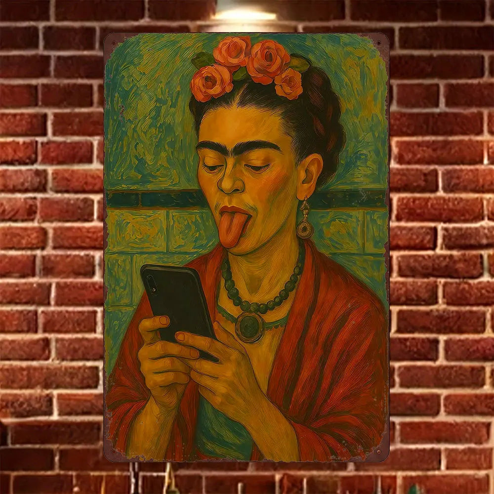 A portrait of a woman with red flowers in her hair sticking out her tongue, holding a smartphone, set against a brick backgro
