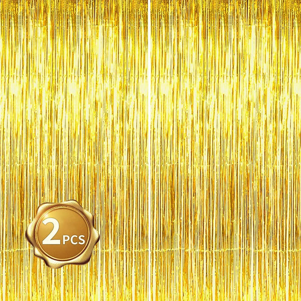 Gold metallic foil tinsel fringe curtain backdrop with a circular badge indicating 2 pieces