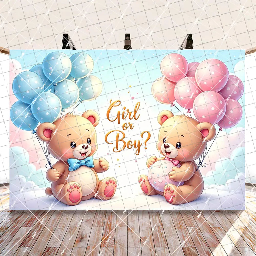 A set of pink and blue balloons shaped like teddy bears for a gender reveal party decoration.