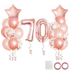 A set of rose gold foil balloons including a number 70, star shapes, and round balloons for birthday party decor.