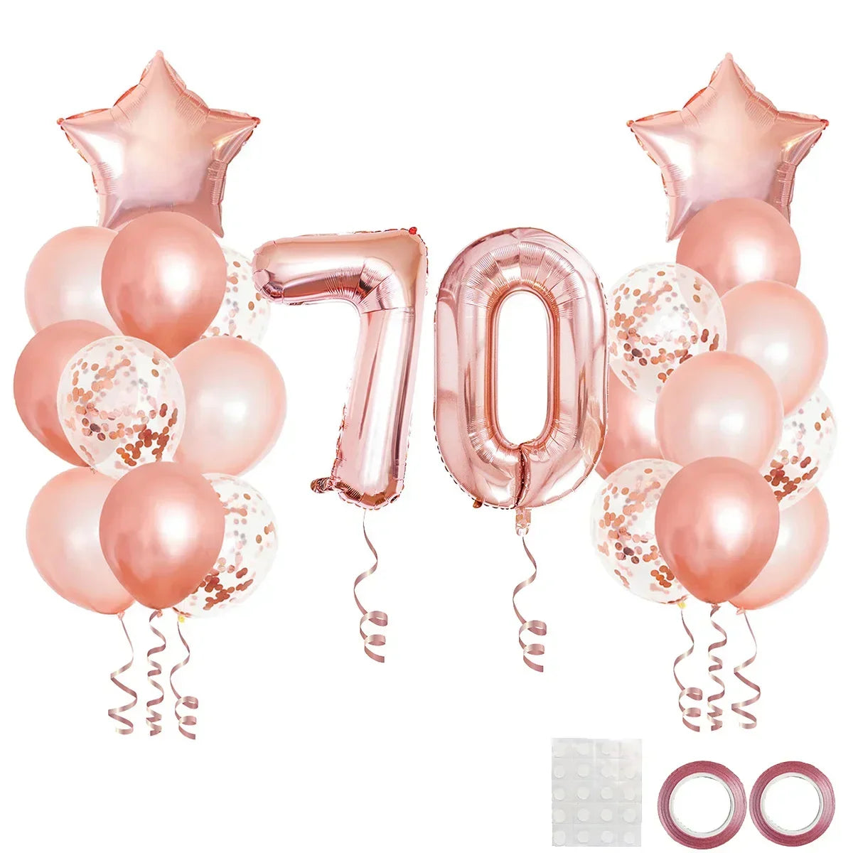 A set of rose gold foil balloons including a number 70, star shapes, and round balloons for birthday party decor.