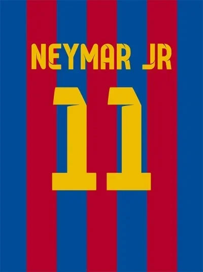 A vertical canvas wall art featuring the name and number of football legend Neymar Jr in yellow text on a striped background.