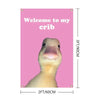 A pink wall tapestry featuring a funny duck looking out, with dimensions of 3ft/90cm high and 2ft/60cm wide.