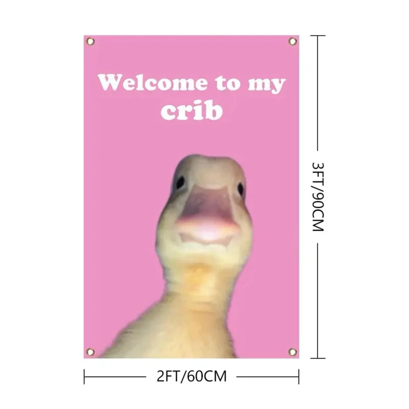 A pink wall tapestry featuring a funny duck looking out, with dimensions of 3ft/90cm high and 2ft/60cm wide.