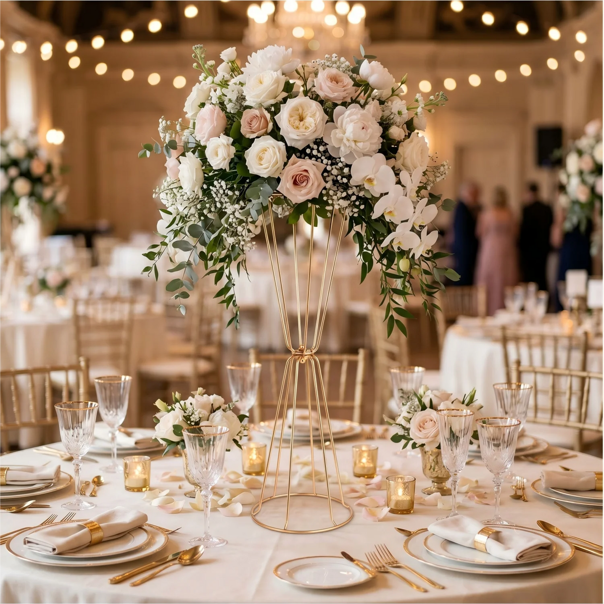 Gold geometric flower stands with white and pink roses and greenery for table decor