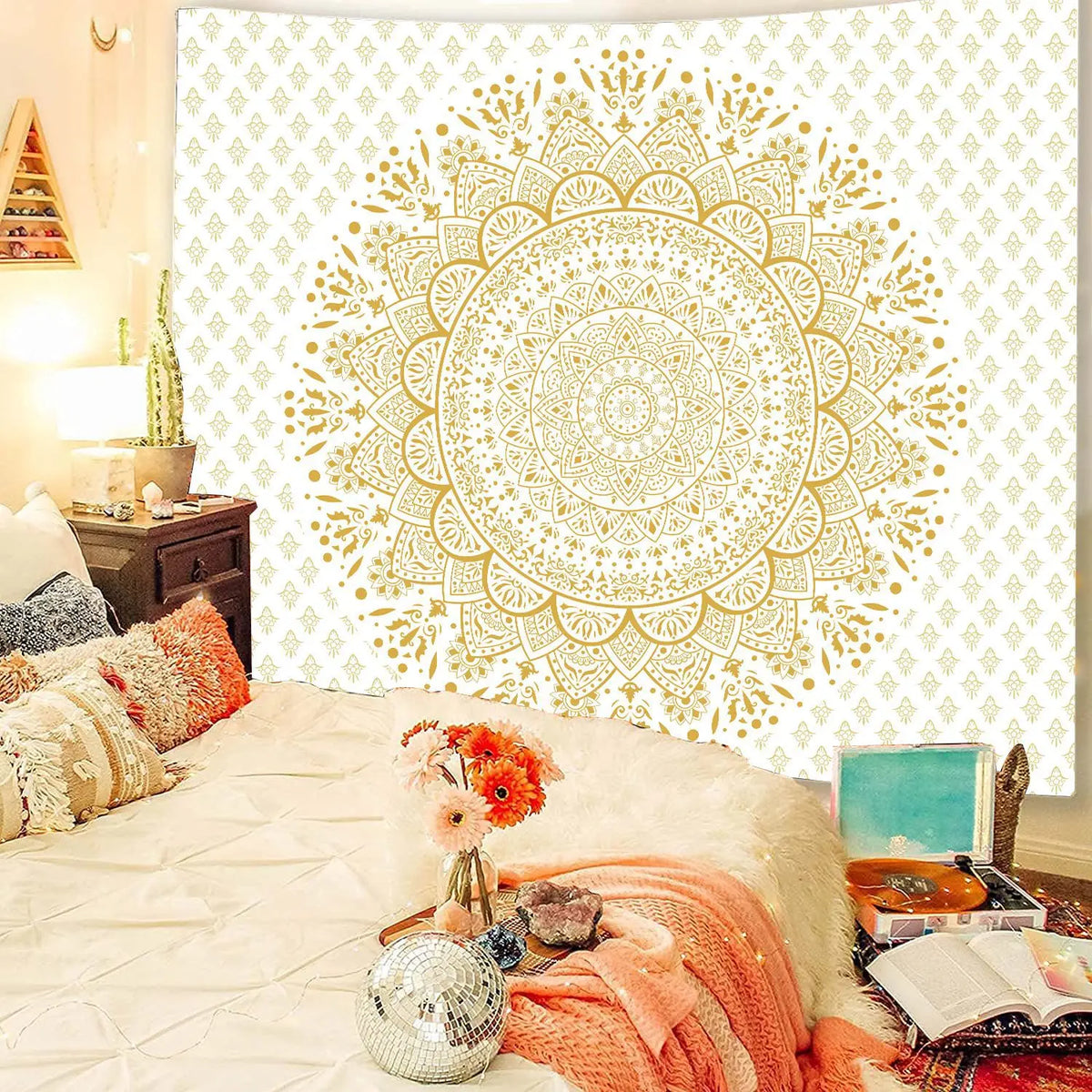 Bohemian mandala tapestry wall art featuring a gold geometric design on a white background