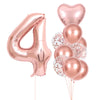 A set of rose gold foil balloons shaped like the number four and several heart-shaped balloons for party decor