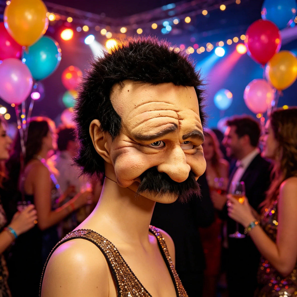 A close-up of a realistic old man horror mask with a painted face and mustache, displayed at a party.
