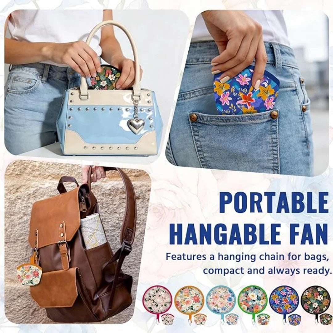 A portable foldable cooling handheld fan is shown being used to cool a bag and a hand fan is displayed.