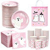 A set of pink ghost Halloween party tableware including plates, cups, and napkins.