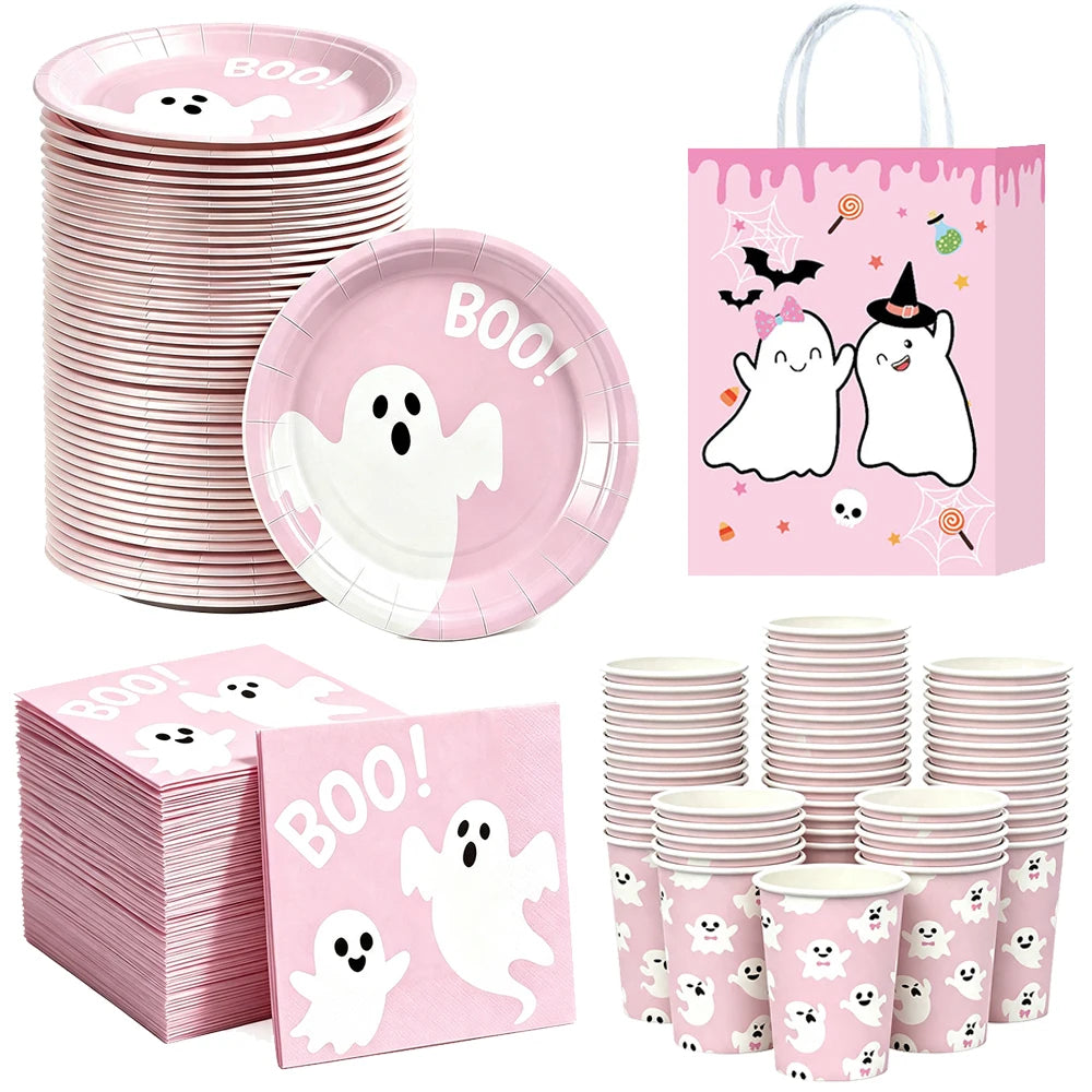 A set of pink ghost Halloween party tableware including plates, cups, and napkins.