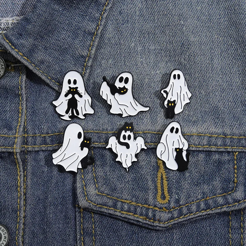 Halloween Enamel Pins Set - Cute Ghost, Black Cat, and Pumpkin Brooches for Kids