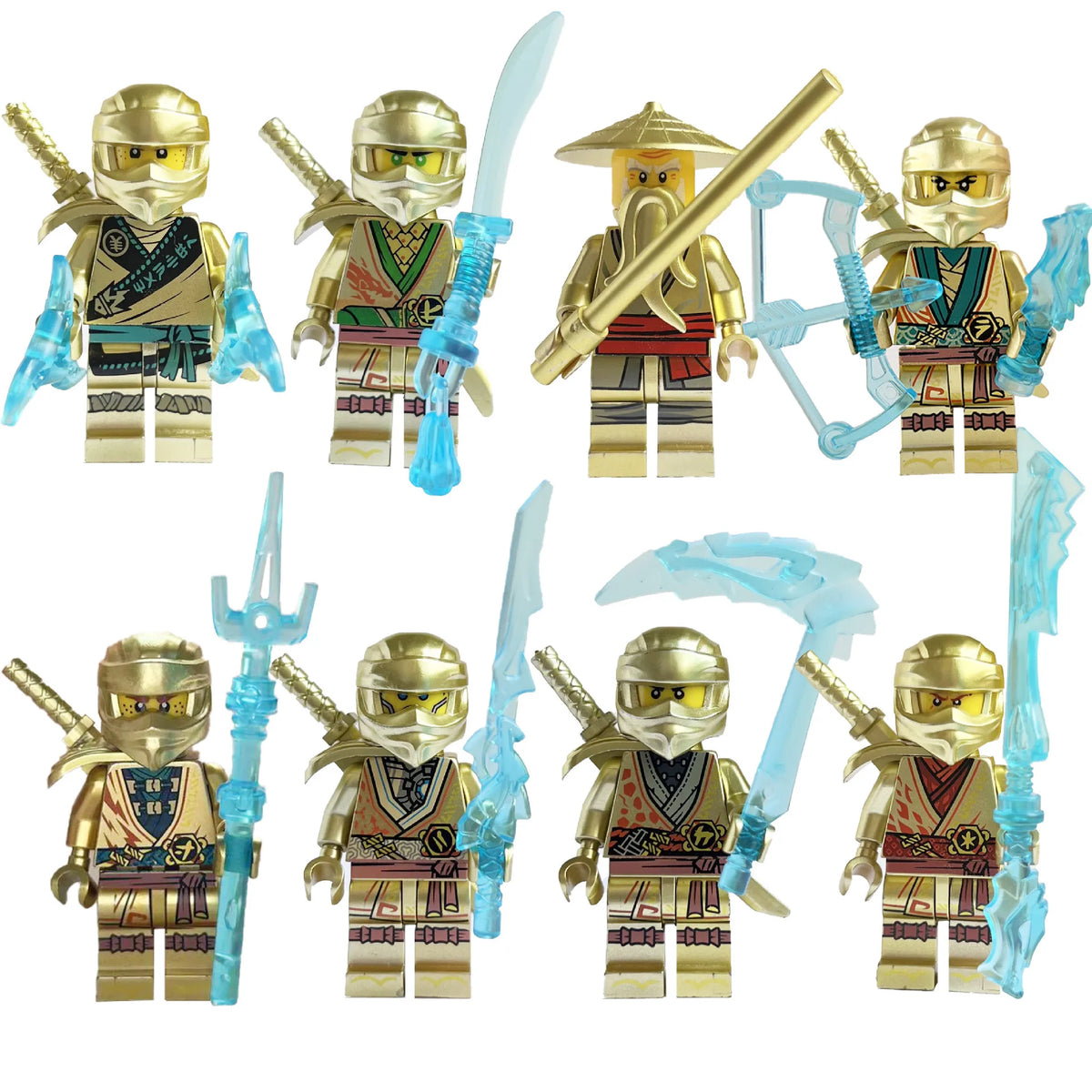 A collection of golden ninja building block figures in various poses and accessories.