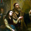 A painting depicting a bearded man and a young woman in historical attire against an ornate gold background.